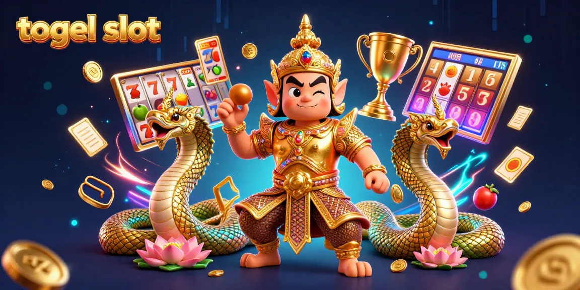 Engage in togel slot gaming within a vibrant, dynamic 3D casino scene filled with winning elements.