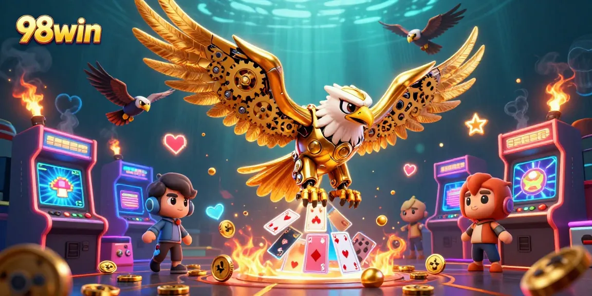 Engage with thrilling action at 98win, featuring a cybernetic eagle in a vibrant casino scene.
