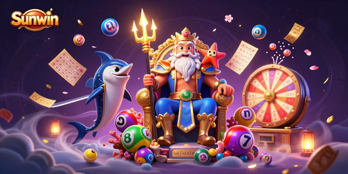 Engage with Sunwin's thrilling games in a vibrant 3D casino scene with dynamic lottery elements.