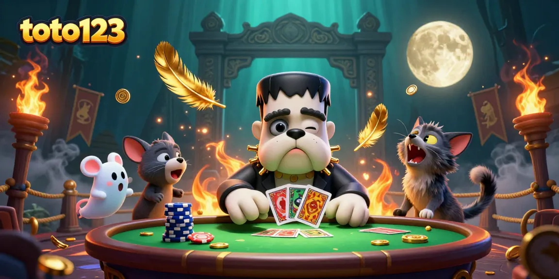 Engage with toto123 at a lively casino table, featuring animated characters and rich game elements.
