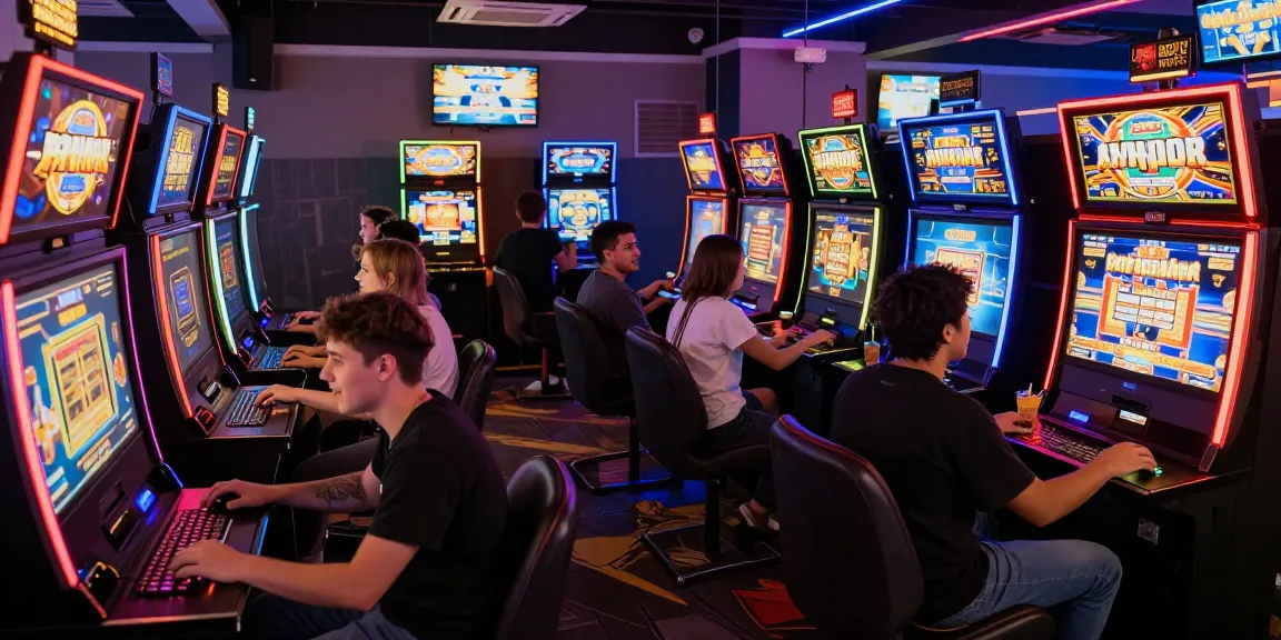 Friends enjoying new online slot sites in a lively internet cafe with neon lights and gaming screens.