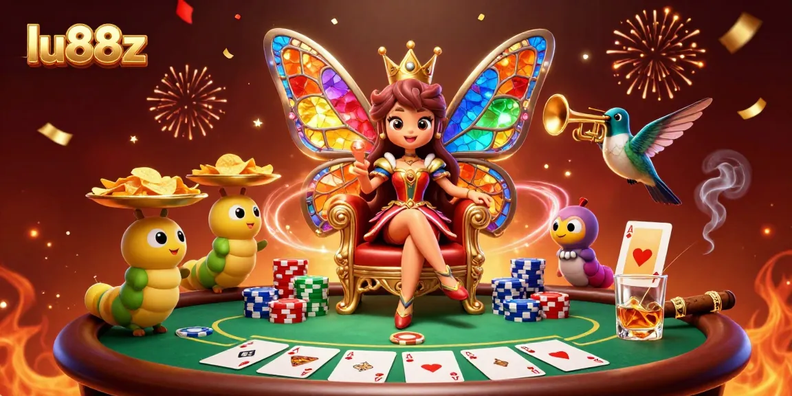 Engage in thrilling poker games with lu88z's festive 3D scene of colorful characters and casino elements.
