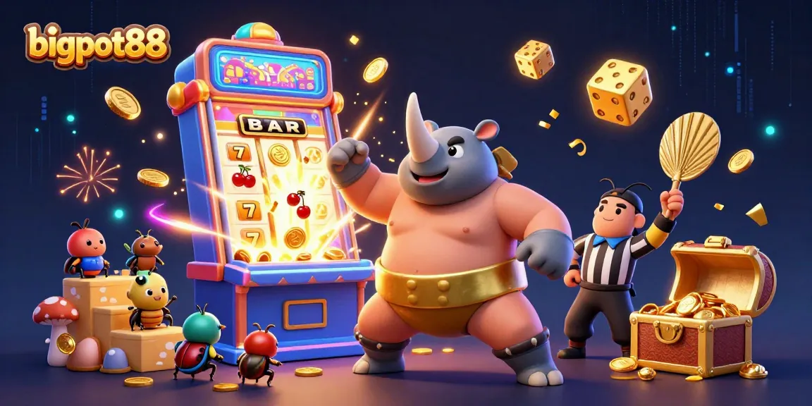 Experience the excitement of bigpot88 with a 3D cartoon scene featuring a beetle sumo champion amidst flying coins and vibrant casino elements.