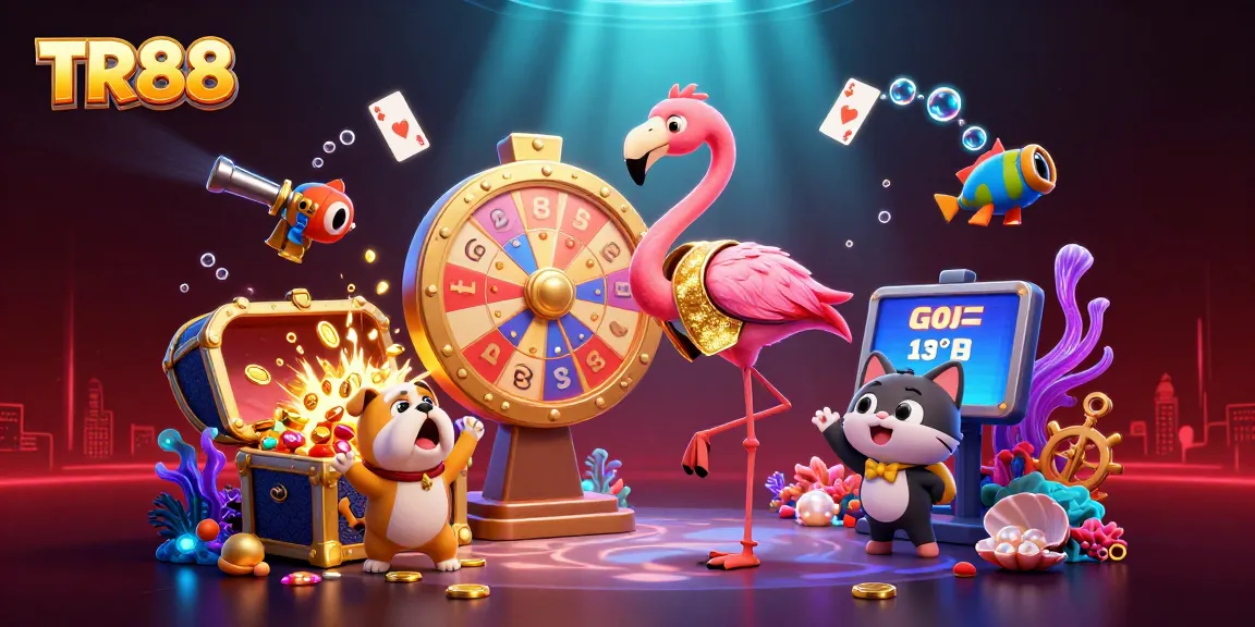 TR88 offers engaging gaming experiences with a vibrant scene of a flamingo host and bulldog contestant.