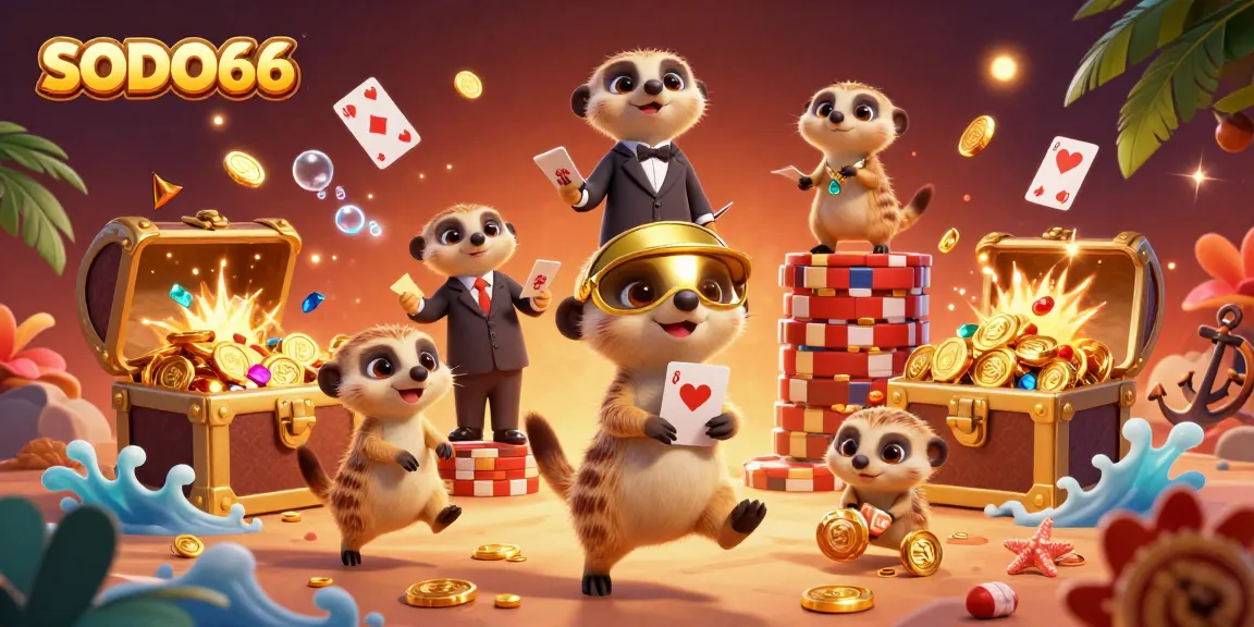 SODO66 meerkats orchestrating a lively casino game, surrounded by treasures and vibrant play