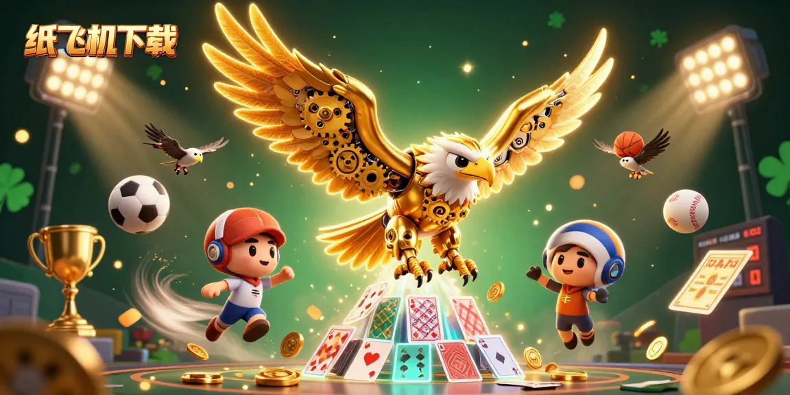 Experience thrilling gameplay with 纸飞机下载 as golden eagle dives through holographic cards amidst sports excitement.