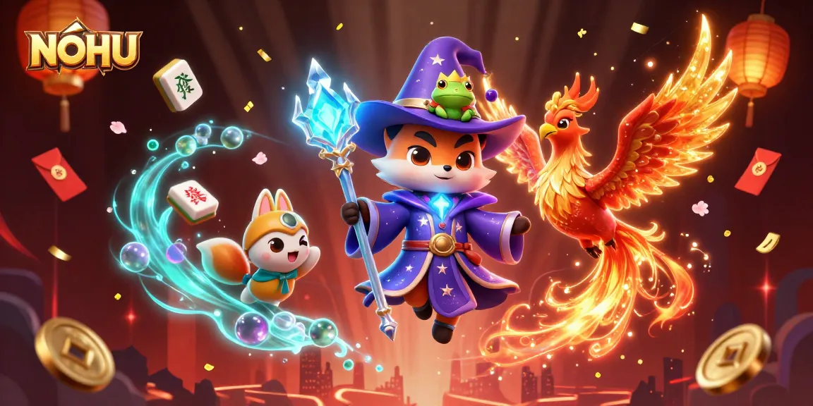 Engage with NOHU's thrilling games in this captivating 3D casino illustration featuring dynamic characters.
