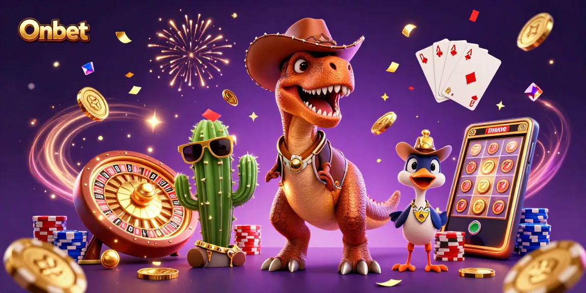 Spin the reels and win big with Onbet’s vibrant casino adventure featuring T-Rex and friends.