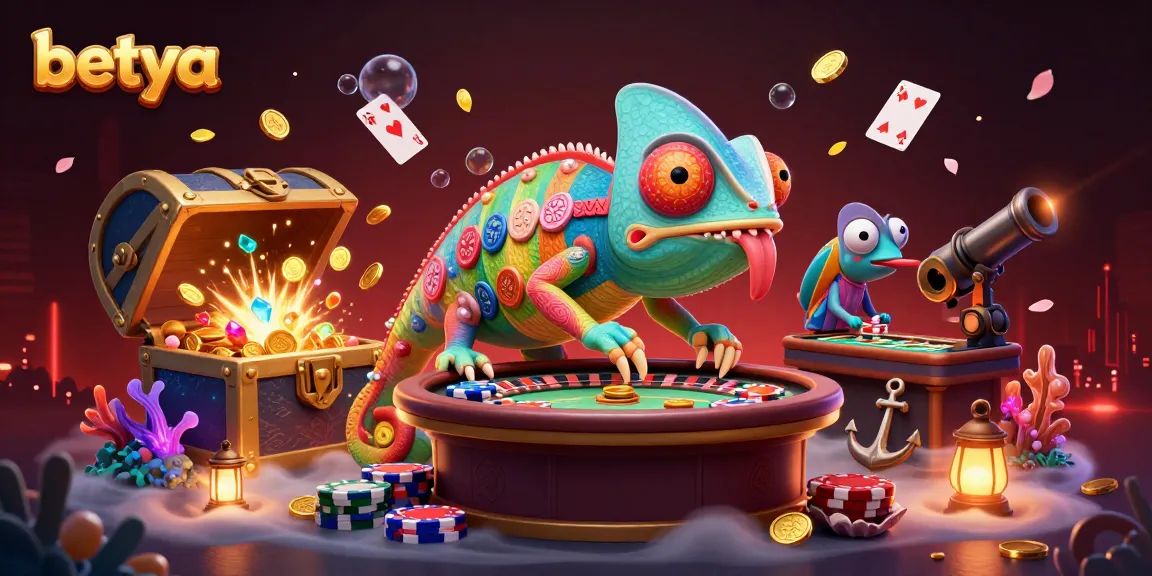 Engage with Betya's vibrant casino world, featuring a chameleon owner and dynamic gaming elements.