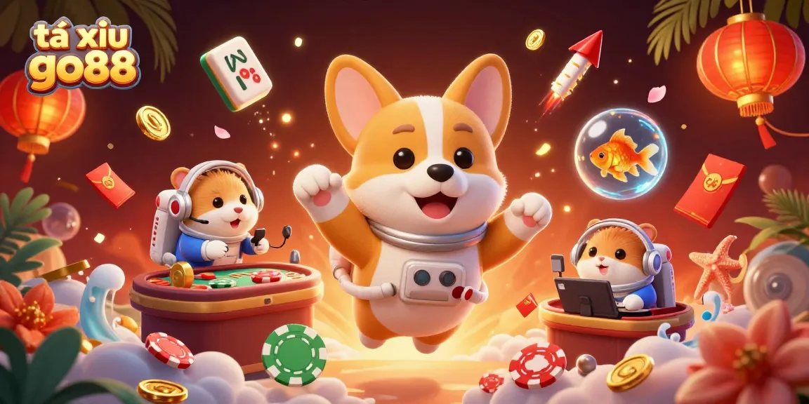 Engage with tài xỉu go88 through an energetic 3D illustration showcasing lively casino elements and characters.