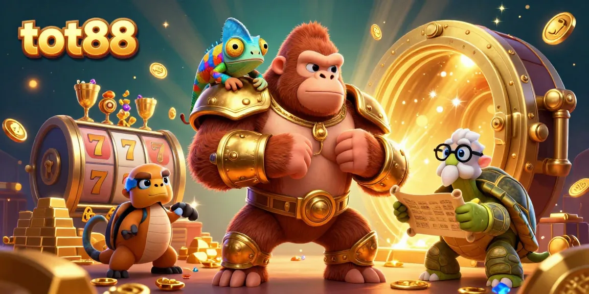 Experience the excitement of tot88 with cartoon characters and vibrant gambling elements in this 3D illustration.
