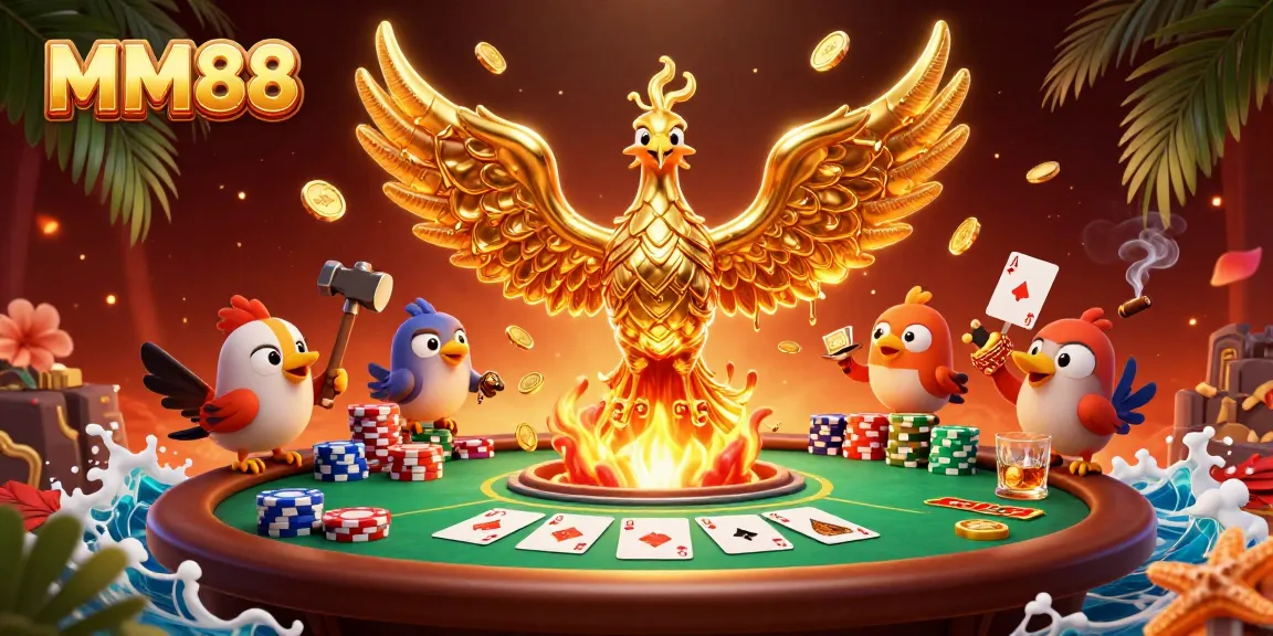 Experience the thrill of MM88's golden phoenix in a vibrant casino scene filled with poker elements.