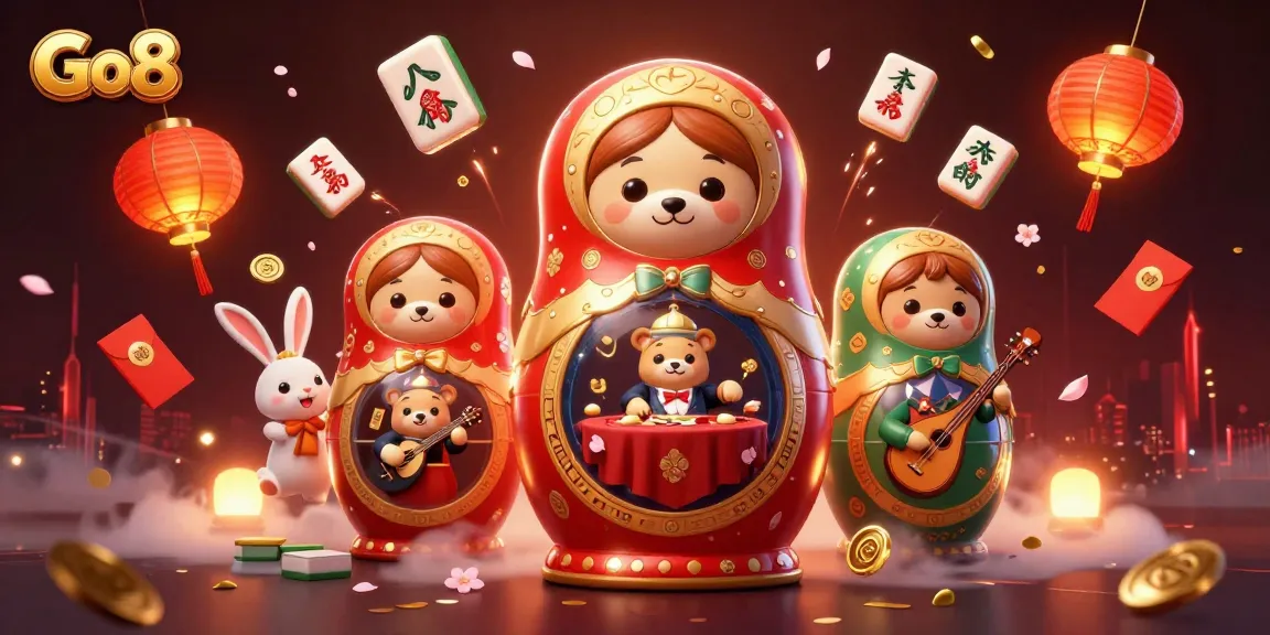 Engage with Go8's vibrant casino world featuring 3D cartoon illustrations of bears and festive elements.