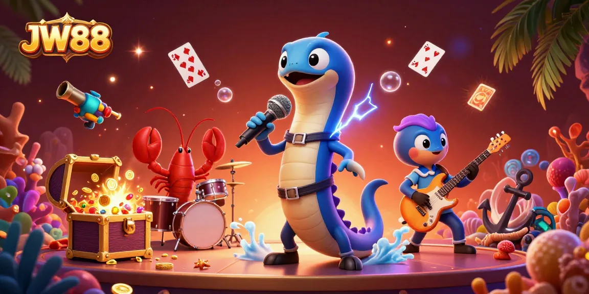 Experience the electrifying atmosphere of JW88 with a DJ eel, lobster drummer, and seahorse guitarist in an underwater casino.