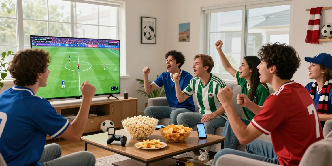 Friends enjoying a live sports match at home with ihdsports on the screen, vibrant atmosphere and team jerseys.