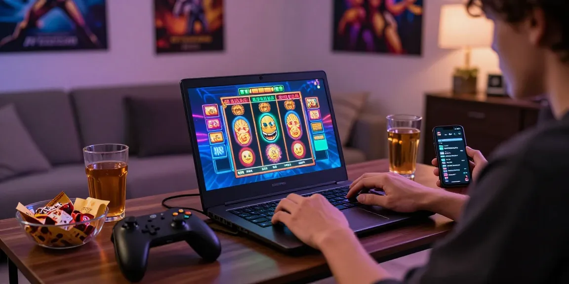 Pengguna bermain slot online di laptop menampilkan grafik berwarna-warni dalam suasana nyaman.