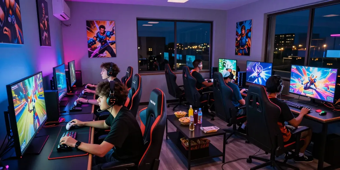 Friends enjoying a competitive gaming session at hitclub in a vibrant lounge.