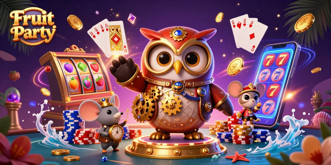 Experience the excitement of Fruit Party with cartoon characters, slot reels, and dazzling casino elements.