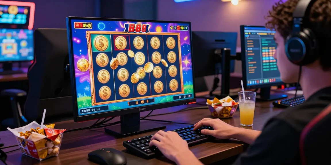 Slot88 menampilkan antusiasme pemain yang sedang bermain mesin slot online di ruang tamu modern.