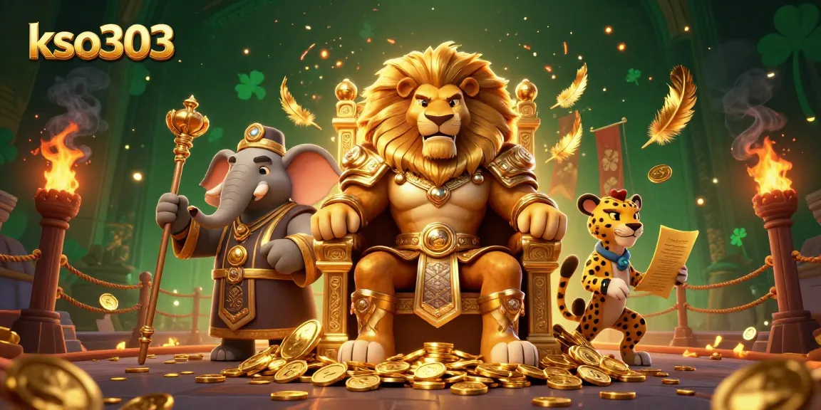 KSO303 menghadirkan ilustrasi slot yang menarik dengan raja singa, gajah, dan cheetah dalam suasana kasino.