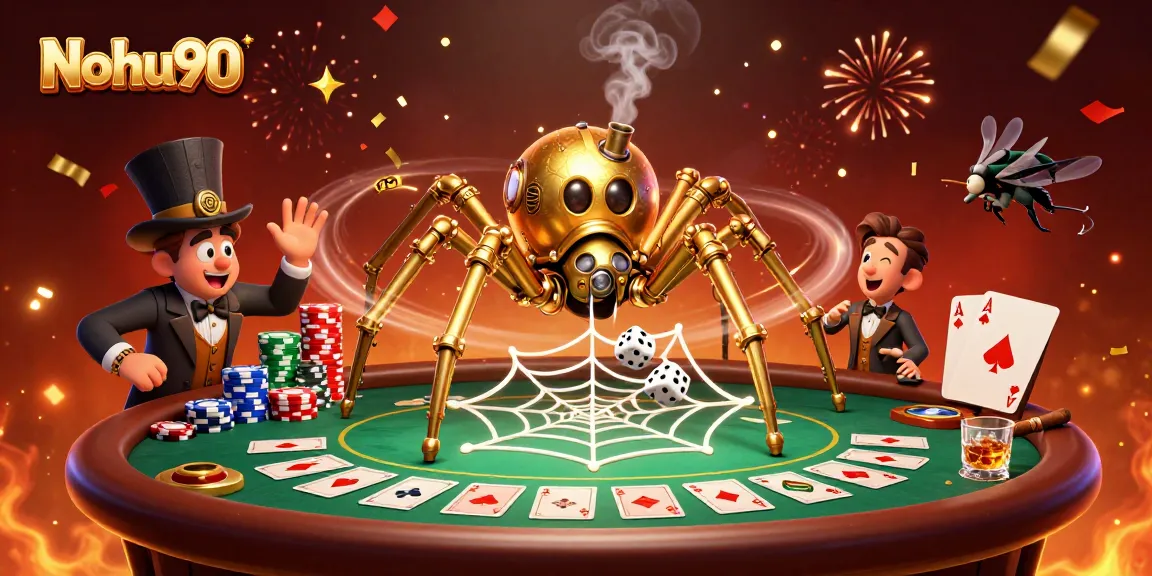 Nohu90 showcases a captivating 3D scene of a steampunk spider and a fly gentleman amid poker elements.
