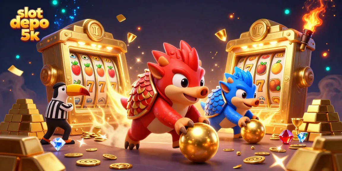 Engage in thrilling slot depo 5k action with rival pangolins rolling golden balls amidst rich gaming elements.