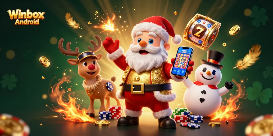 Winbox Android app offers an engaging experience with festive casino elements and characters.